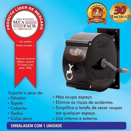 Imagem de Kit 2 Varais Retrátil Parede Recolhível de Roupas Corda 30m Preto