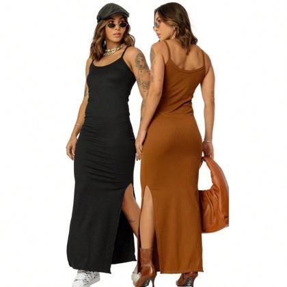 Imagem de KIT 2 Vestido Canelado Longo com Fenda Lateral de Alcinha Sem Bojo