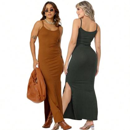Imagem de KIT 2 Vestido Canelado Longo com Fenda Lateral de Alcinha Sem Bojo