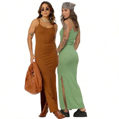 Imagem de KIT 2 Vestido Canelado Longo com Fenda Lateral de Alcinha Sem Bojo