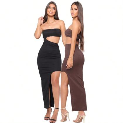 Imagem de KIT 2 Vestido Longo sem alça com Fenda Lateral em Tecido Canelado