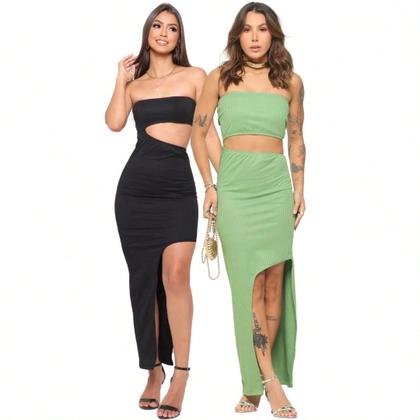 Imagem de KIT 2 Vestido Longo sem alça com Fenda Lateral em Tecido Canelado