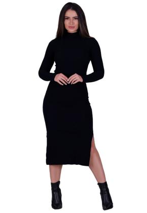 Imagem de Kit 2 Vestidos Básicos Canelados Com Fenda Gola Moda Inverno