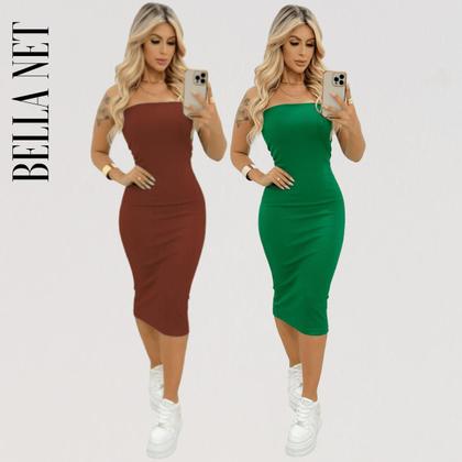 Imagem de KIT 2 Vestidos Midi Colado Sem Alça Anarruga Sem Bojo Lindas Cores