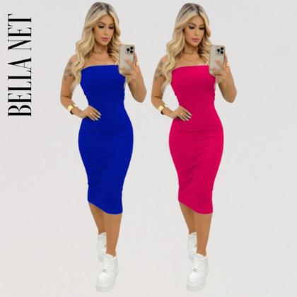 Imagem de KIT 2 Vestidos Midi Colado Sem Alça Anarruga Sem Bojo Lindas Cores