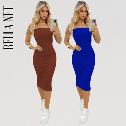 Imagem de KIT 2 Vestidos Midi Colado Sem Alça Anarruga Sem Bojo Lindas Cores