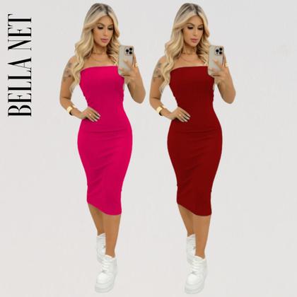 Imagem de KIT 2 Vestidos Midi Colado Sem Alça Anarruga Sem Bojo Lindas Cores