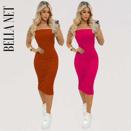 Imagem de KIT 2 Vestidos Midi Colado Sem Alça Anarruga Sem Bojo Lindas Cores