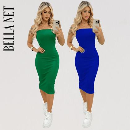 Imagem de KIT 2 Vestidos Midi Colado Sem Alça Anarruga Sem Bojo Lindas Cores