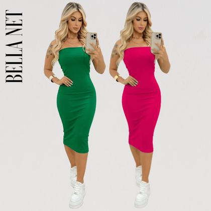 Imagem de KIT 2 Vestidos Midi Colado Sem Alça Anarruga Sem Bojo Lindas Cores