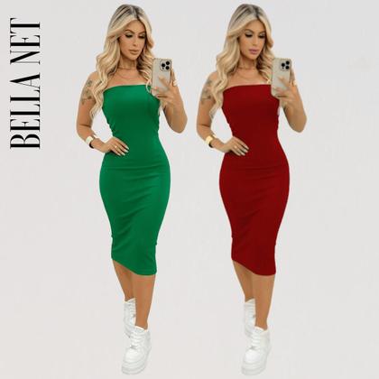 Imagem de KIT 2 Vestidos Midi Colado Sem Alça Anarruga Sem Bojo Lindas Cores