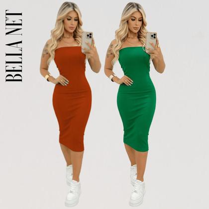 Imagem de KIT 2 Vestidos Midi Colado Sem Alça Anarruga Sem Bojo Lindas Cores