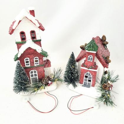 Imagem de Kit 2 Vila Natalina Casa Com Luz Mini Cenário Enfeite Natal