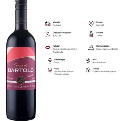Imagem de Kit 2 Vinho Tinto Suave Di Bartolo 750ml Vinicula Garibaldi Serra Gaúcha