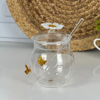 Imagem de Kit 2 Xícaras De Café 80ml Açucareiro 270ml de Vidro Com Tampa butterfly