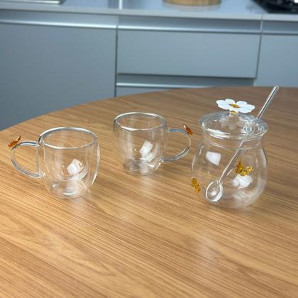 Imagem de Kit 2 Xícaras De Café 80ml Açucareiro 270ml de Vidro Com Tampa butterfly