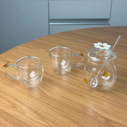 Imagem de Kit 2 Xícaras De Café 80ml Açucareiro 270ml de Vidro Com Tampa butterfly