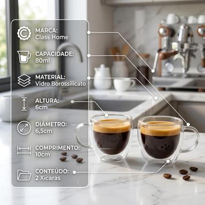 Imagem de Kit 2 Xícaras Vidro Borosilicato Parede Dupla 80ml Café Chá Capuccino Expresso