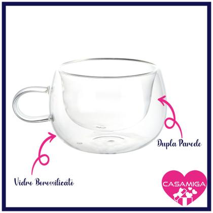 Imagem de Kit 2 Xícaras Vidro Borossilicato Parede Dupla Chá 240ml