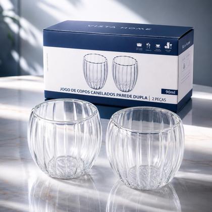 Imagem de Kit 2 Xicaras Vidro Duplo Canelado Chá Café 90ml Transparente