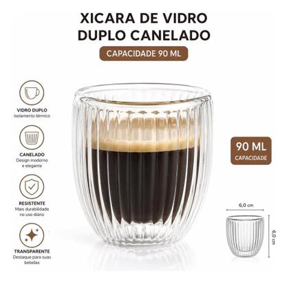 Imagem de Kit 2 Xicaras Vidro Duplo Canelado Chá Café 90ml Transparente