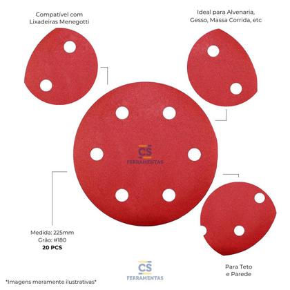 Imagem de Kit 20 Discos de Lixa 225mm com tiras autocolantes 6 Furos 180 Para Lixadeira Menegotti Hessen