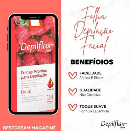 Imagem de kit 20 Folhas Prontas Facial Depilação Cera Depilflax Morango 480 Unid.