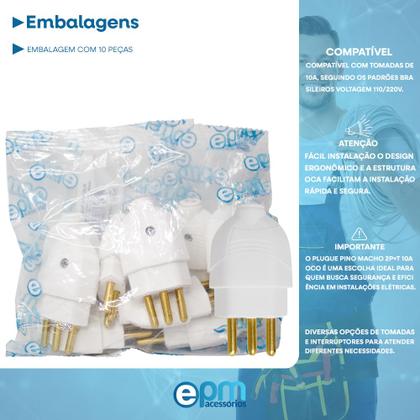 Imagem de Kit 20 Plugue Pino Macho 2p+t 10A Oco Com Inmetro Bivolt 110V/220V Branco