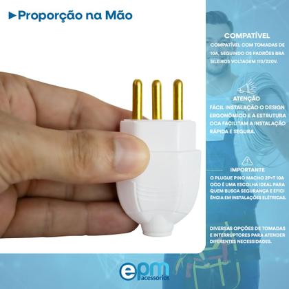 Imagem de Kit 20 Plugue Pino Macho 2p+t 10A Oco Com Inmetro Bivolt 110V/220V Branco