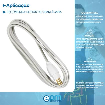 Imagem de Kit 20 Plugue Pino Macho 2p+t 10A Oco Com Inmetro Bivolt 110V/220V Branco