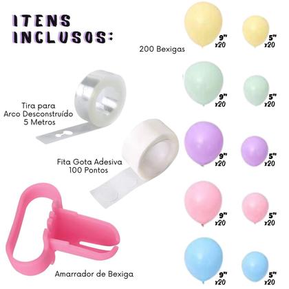 Imagem de Kit 200 Balões Bexigas Candy + Tira Para Arco Desconstruído 5m + Fita Cola Adesiva 100 Pontos + Amarrador de Bexigas