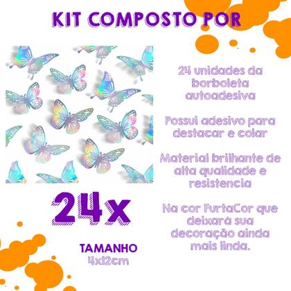 Imagem de Kit 24 Borboletas Furtacor 3D para Festa e Decoração Parede
