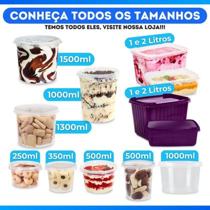 Imagem de Kit 24 Pote Retangular de Plástico 500ml Marmita Fit Bolo no Pote de Sorvete Transparente Com Tampa