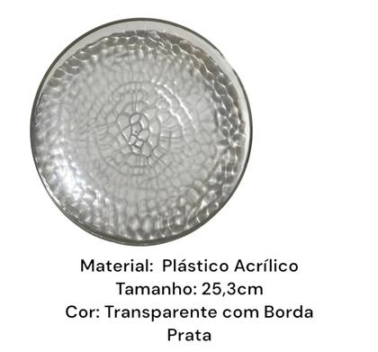 Imagem de Kit 24 Pratos Redondo Transparente Acrílico Borda Prata25cm