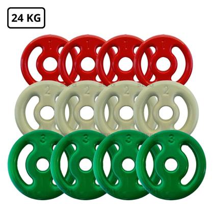 Imagem de Kit 24Kg Anilhas Emborrachadas com Barras de 40cm e 1,60m + Barra W 1,20m