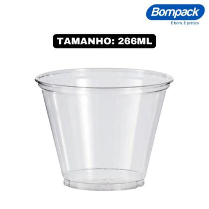 Imagem de Kit 250un Copo 266ml Pet Transparente 9 OZ/98 + Tampa Bolha SEM Furo + Tampa Reta SEM Furo Bompack