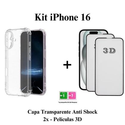 Imagem de Kit 2UN Pelicula 3D de Vidro + 1UN Capa Transparente para Iphone 16 16 PRO 16 PRO MAX 16 PLUS