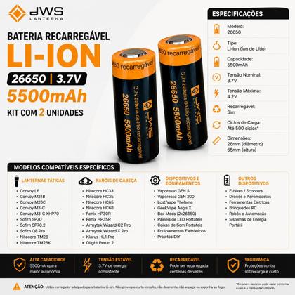 Imagem de Kit 2x Bateria 26650 Recarregável 3.7V 5500mAh JWS para Lanterna