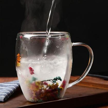 Imagem de Kit 2x Copos De Vidro Flor Seca Duplo Copo Flores Secas Xicara Caneca