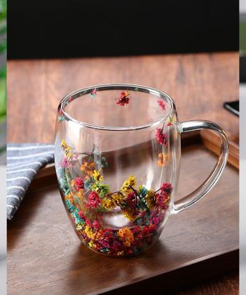 Imagem de Kit 2x Copos De Vidro Flor Seca Duplo Copo Flores Secas Xicara Caneca