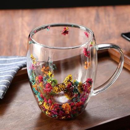 Imagem de Kit 2x Copos De Vidro Flor Seca Duplo Copo Flores Secas Xicara Caneca