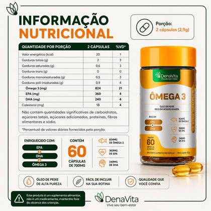 Imagem de Kit 2x Ômega 3 Ultra Concentrado 824mg EPA 360mg DHA 240mg, Saúde Cerebral E Cardiovascular Denavita