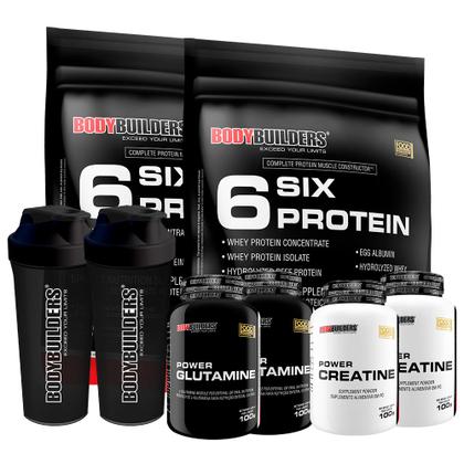 Imagem de KIT 2x Whey 6 Six Protein 900g + 2x Power Glutamina 100g + 2x Power Creatina 100g + 2x Coqueteleiras 600ml- Kit Completo para Ganho de Massa Muscular