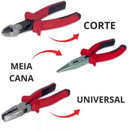 Imagem de Kit 3 Alicates 6" Universal + Bico Meia Cana + Alicate de Corte Profissional