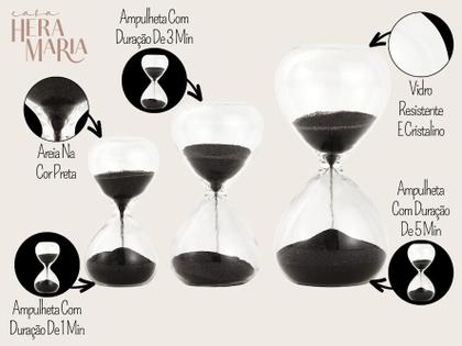 Imagem de Kit 3 Ampulhetas Decorativas Vidro Transparente Areia Preta Moderna 1, 3 E 5 Min