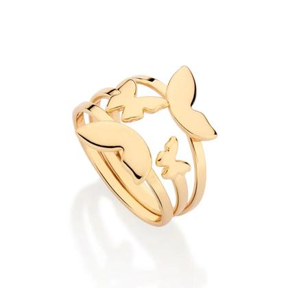 Imagem de Kit 3 aneis rommanel banhado ouro 3x 24k 18k e 22k feminino triplo borboletas 513488