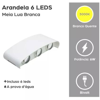 Imagem de kit 3 Arandela Branca Meia Lua Frisada Parede Externa Interna Led 6w Facho Triplo