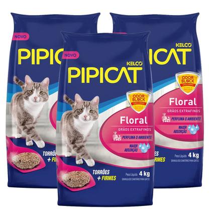 Imagem de Kit 3 Areia Higiênica Pipicat Floral Perfumada para Gato 4kg