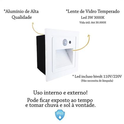 Imagem de Kit 3 Balizador Led Parede Sensor Presença Embutido Branco