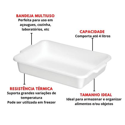 Imagem de Kit 3 Bandejas Plásticas Brancas Açougue/Churrasco 4 Litros